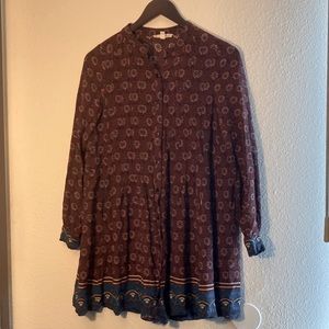 Boho flowy button up dress with long sleeves and pockets